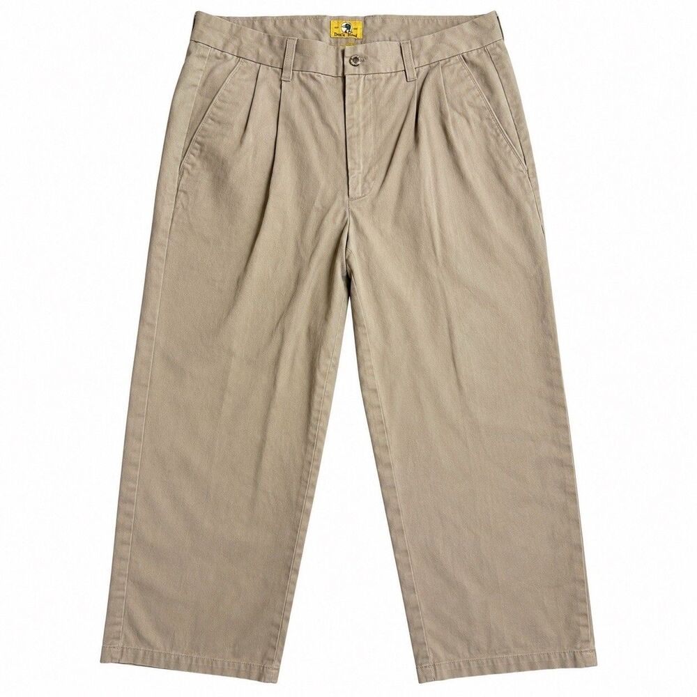 VTG Duck Head Pleated Chino Pants Khaki Gold Patch Preppy Ivy 80s Men's 34x32